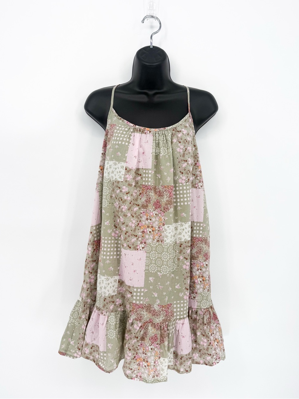 As U Wish Floral Patchwork Cami Mini Dress Green Pink Cottagecore Ruffle Medium